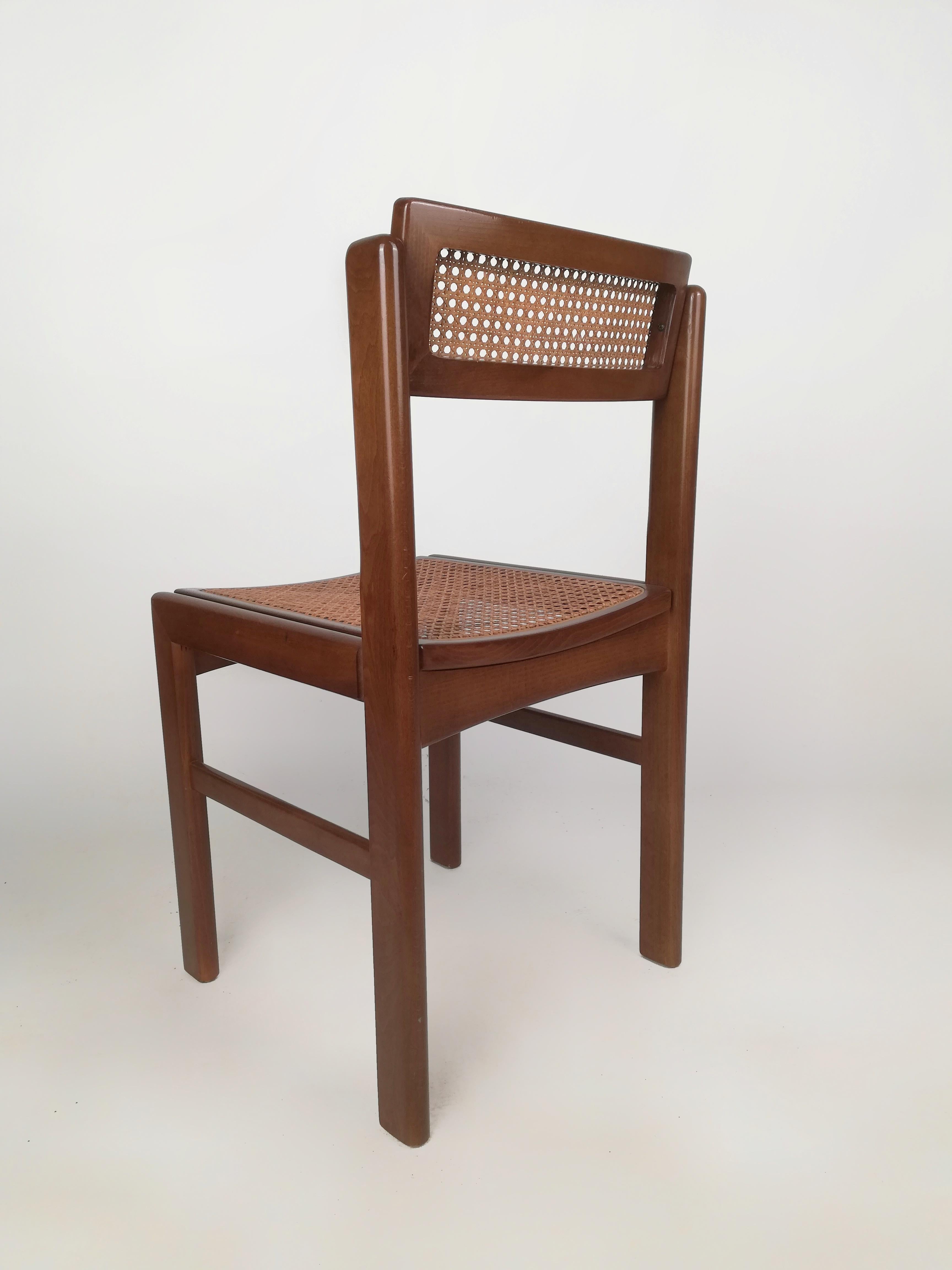 Italian Vintage Chairs in Walnut and Natural Rattan, Italy 1970s 1