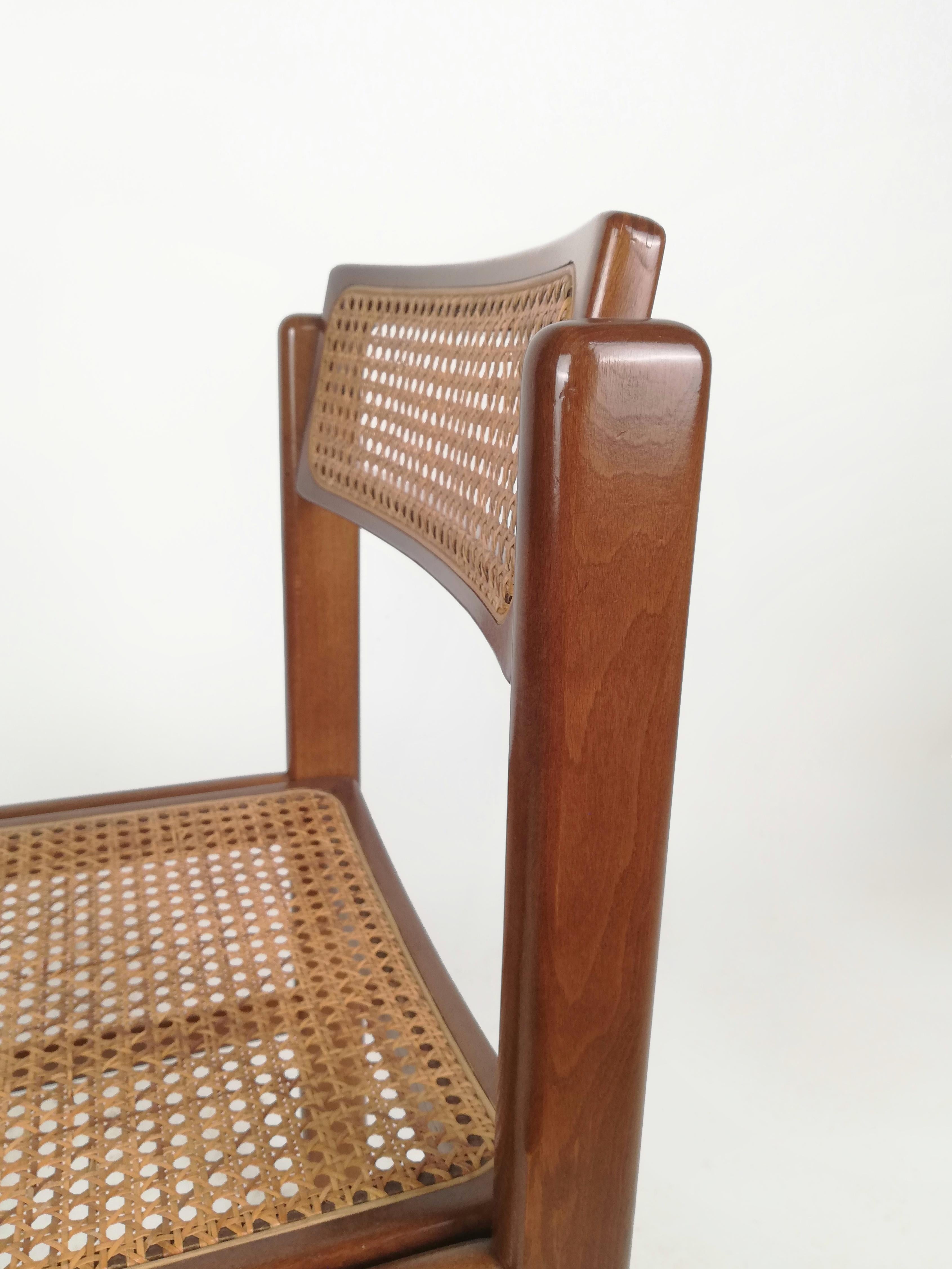 Italian Vintage Chairs in Walnut and Natural Rattan, Italy 1970s 3