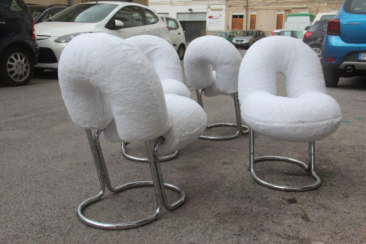 Late 20th Century Chairs Italian Design Steel Hairy Fabric White Silver Nanda Vigo Style Donut For Sale