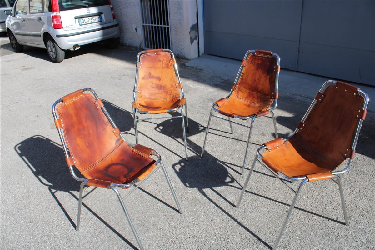 Chairs 'Les Arcs' Charlotte Perriand, 1970s Cognac Leather Chromed Metal, Italy 4