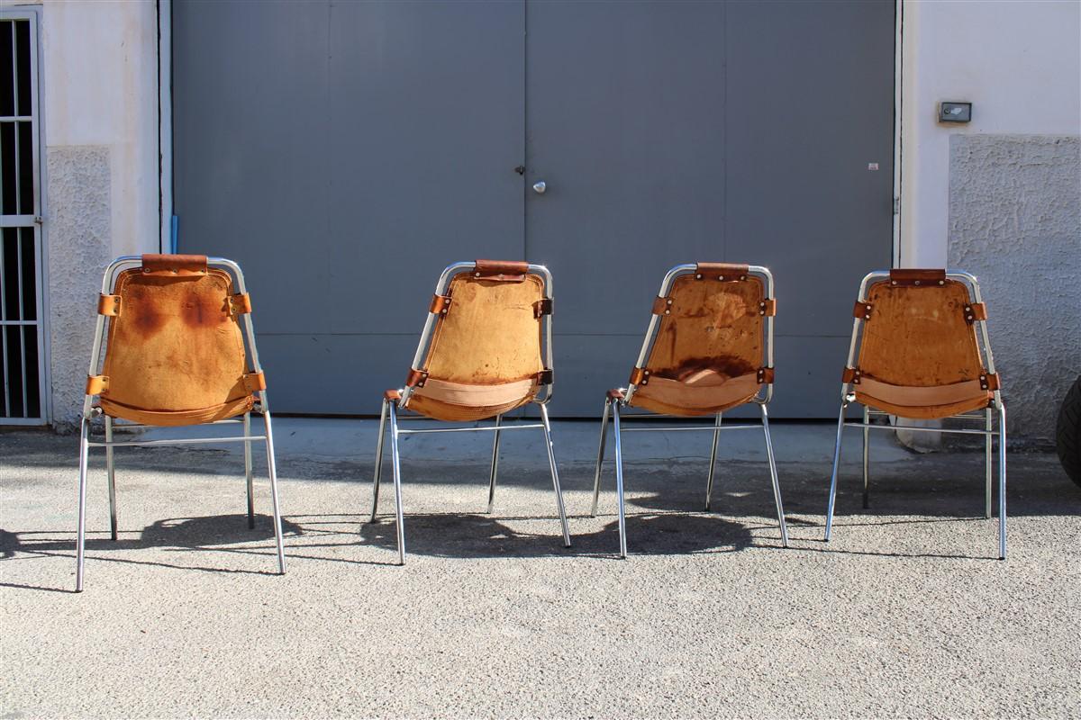 Chairs 'Les Arcs' Charlotte Perriand, 1970s Cognac Leather Chromed Metal, Italy 1