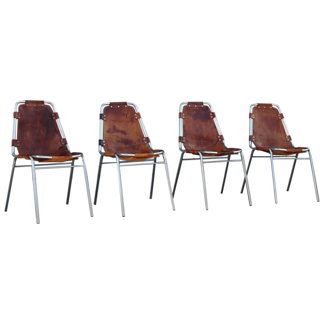 Chairs 'Les Arcs' Charlotte Perriand, 1970s Cognac Leather Chromed Metal, Italy