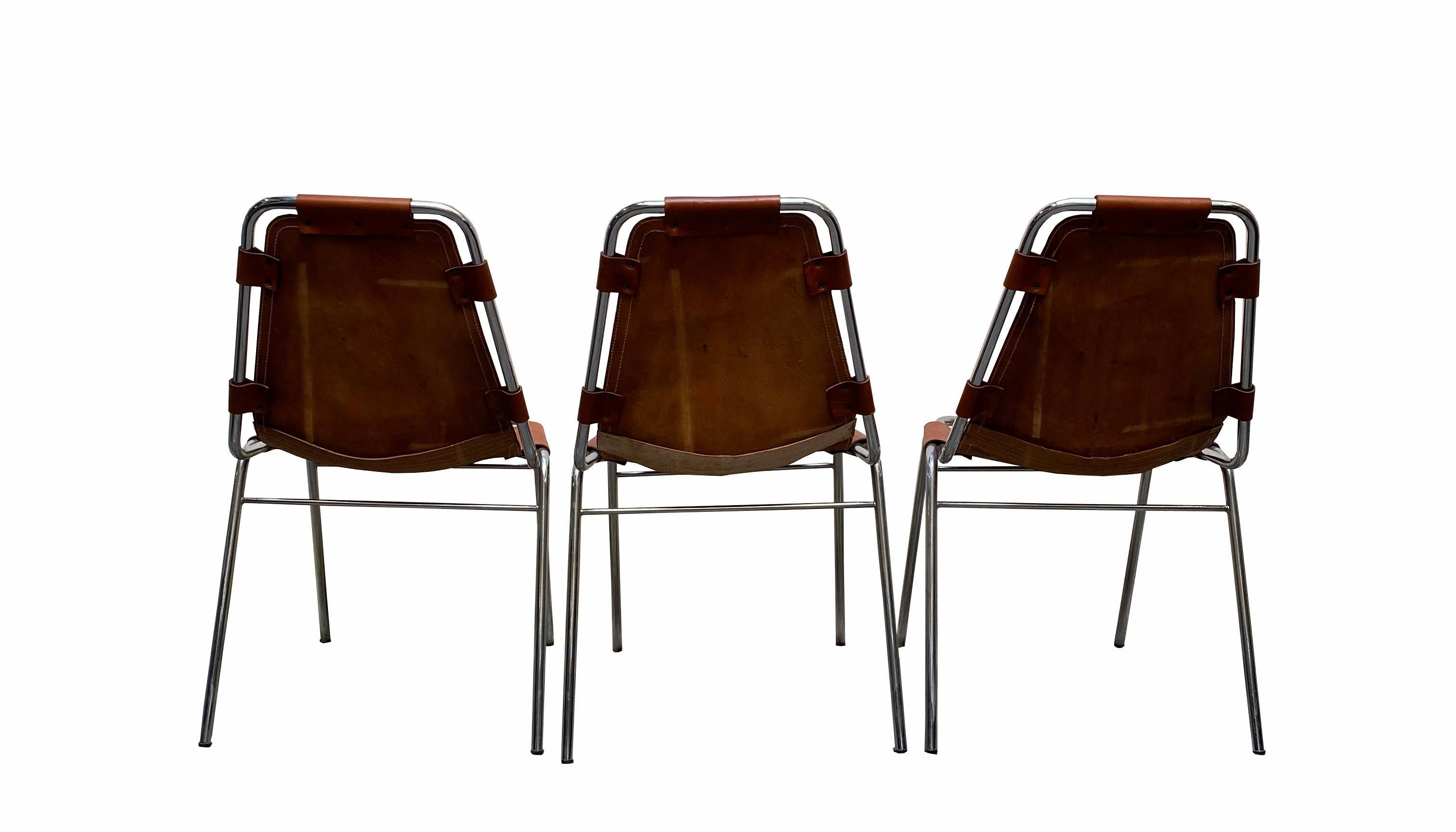 Adam Style Chairs 'Les Arcs' Charlotte Perriand, Cognac Leather Chromed Metal, Italy 1970s