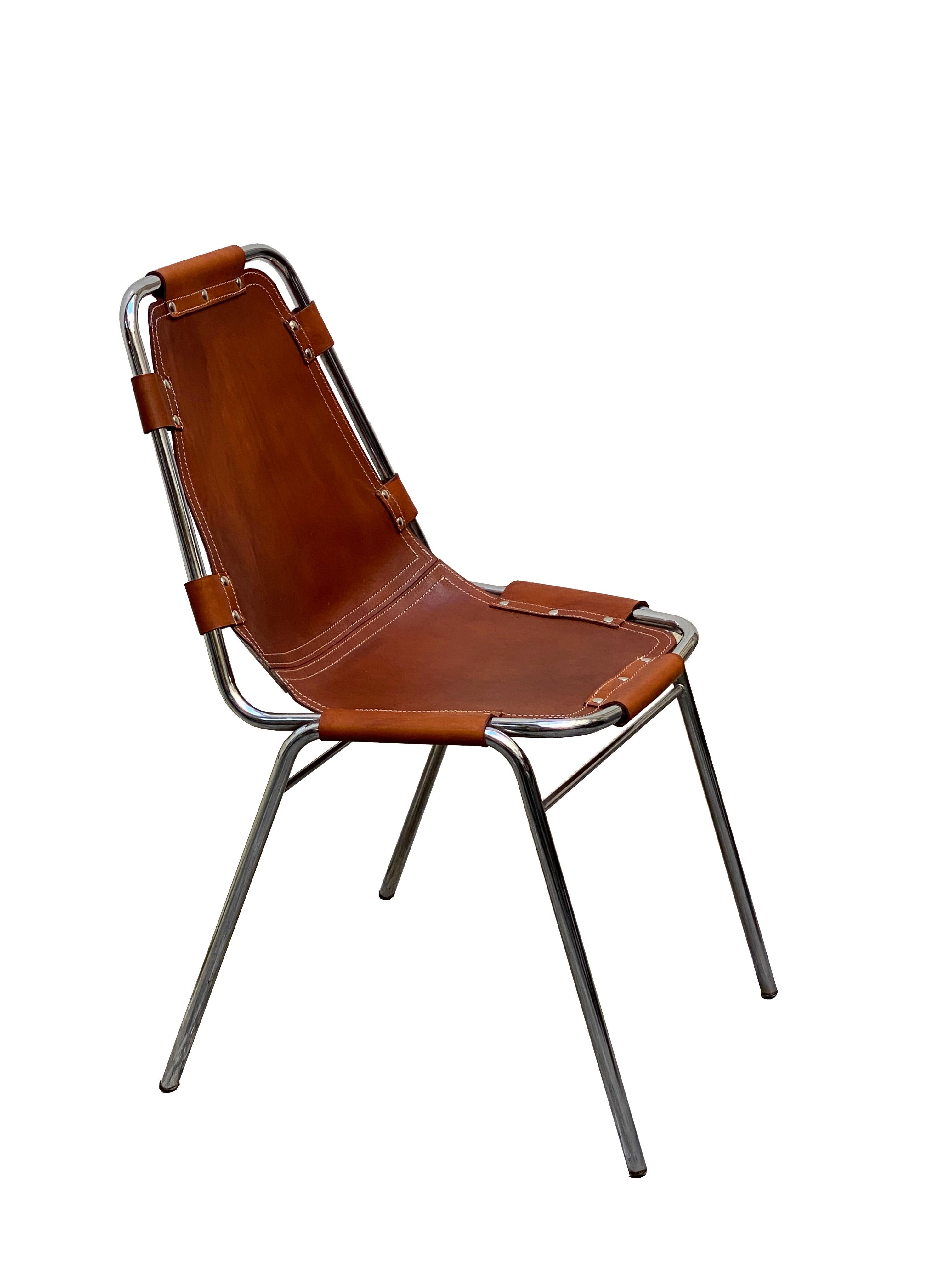 Italian Chairs 'Les Arcs' Charlotte Perriand, Cognac Leather Chromed Metal, Italy 1970s