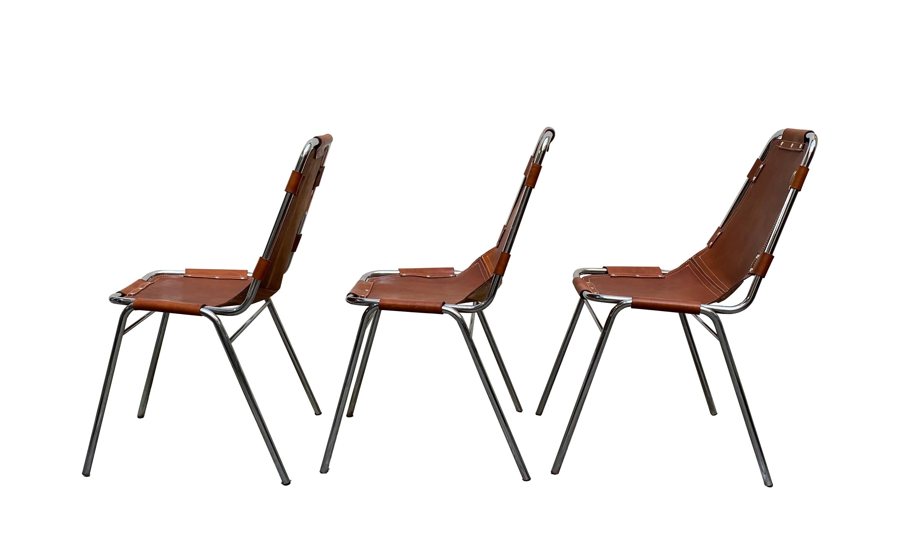 Chairs 'Les Arcs' Charlotte Perriand, Cognac Leather Chromed Metal, Italy 1970s 2