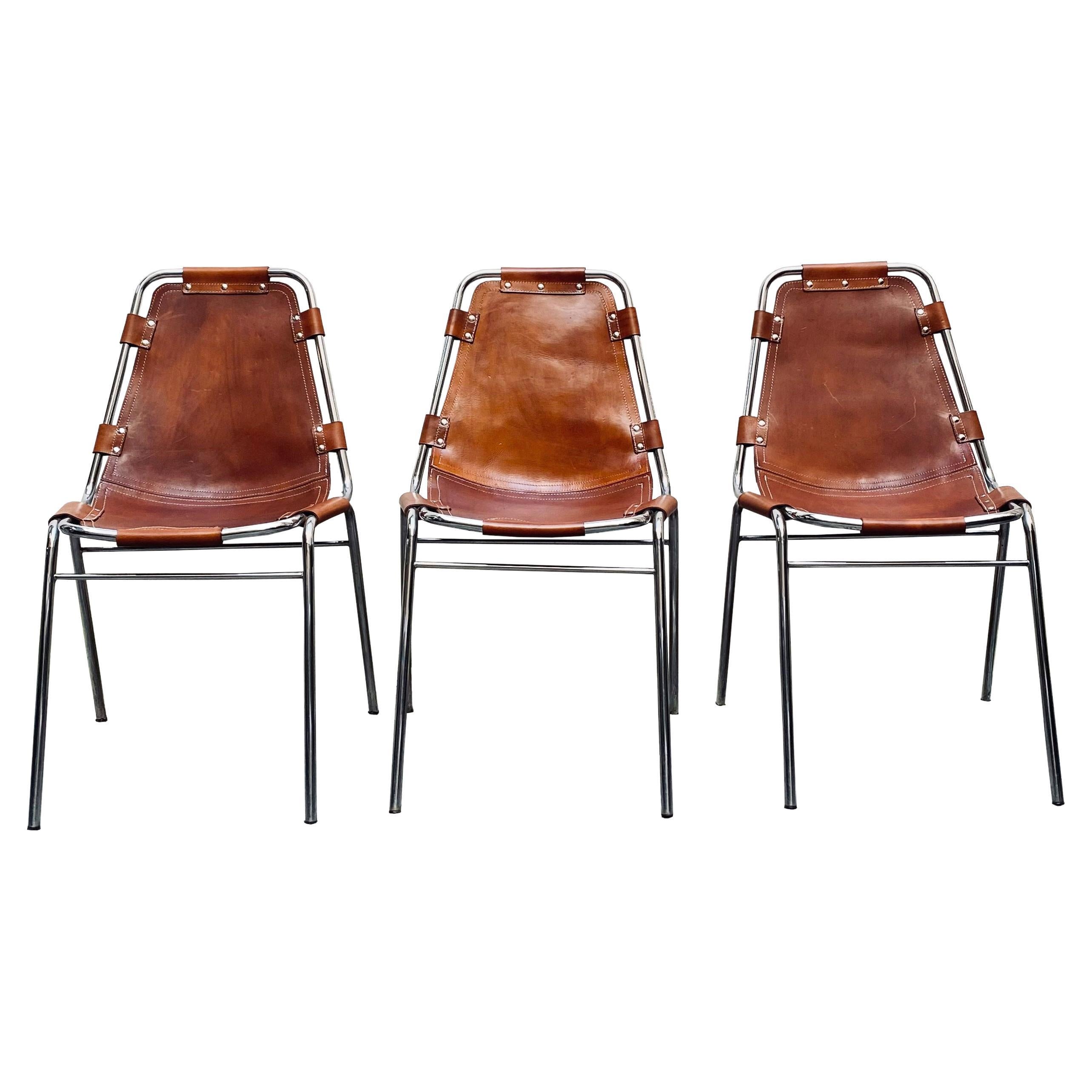 Chairs 'Les Arcs' Charlotte Perriand, Cognac Leather Chromed Metal, Italy 1970s