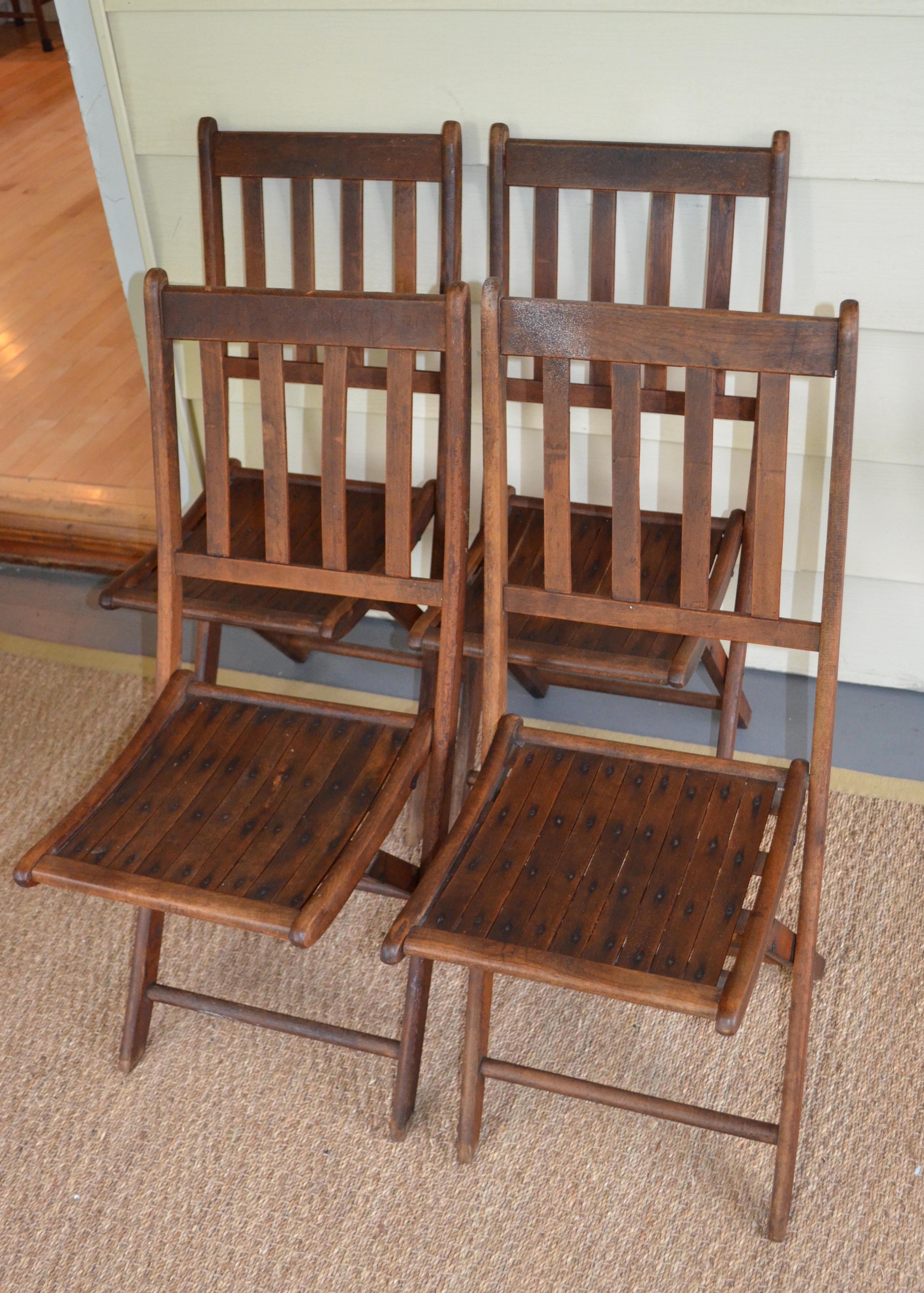 Chairs of Oak, Folding, Late 19th Century European, Set of 4, Multiple Sets In Good Condition For Sale In Madison, WI