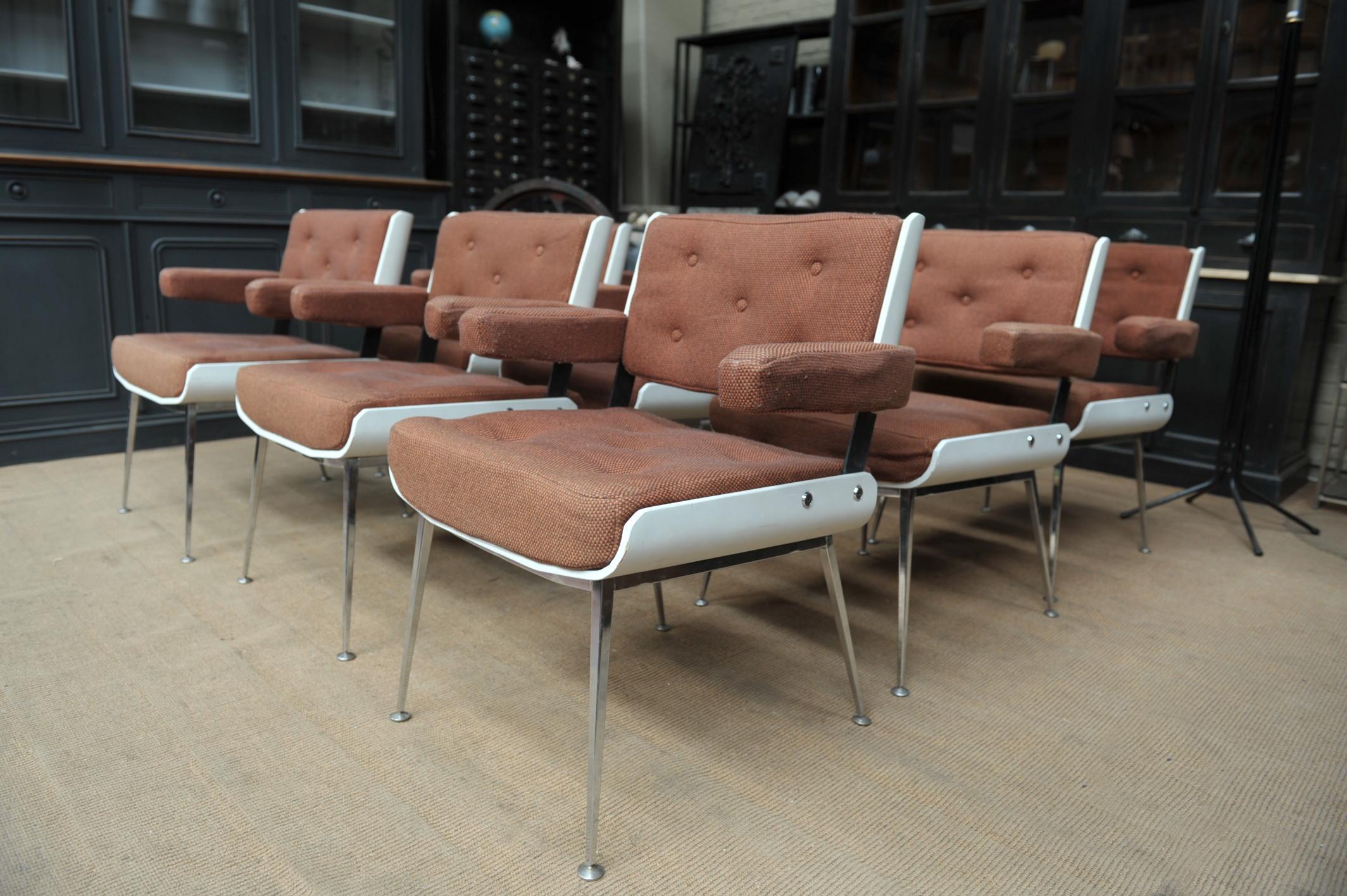Armchairs by Alain Richard all original with lacquered plywood structure, métal feet and brown fabric, France, circa 1970 14 kg each.shipping for 1 pieces ( 490 $ for USA )  thanks to send city code  and number and number of chairs to have a exact