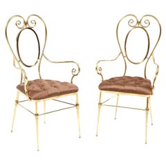 Sedie, coppia di sedie in ottone con rivestimento in seta, design Mid-Century, 1950 circa