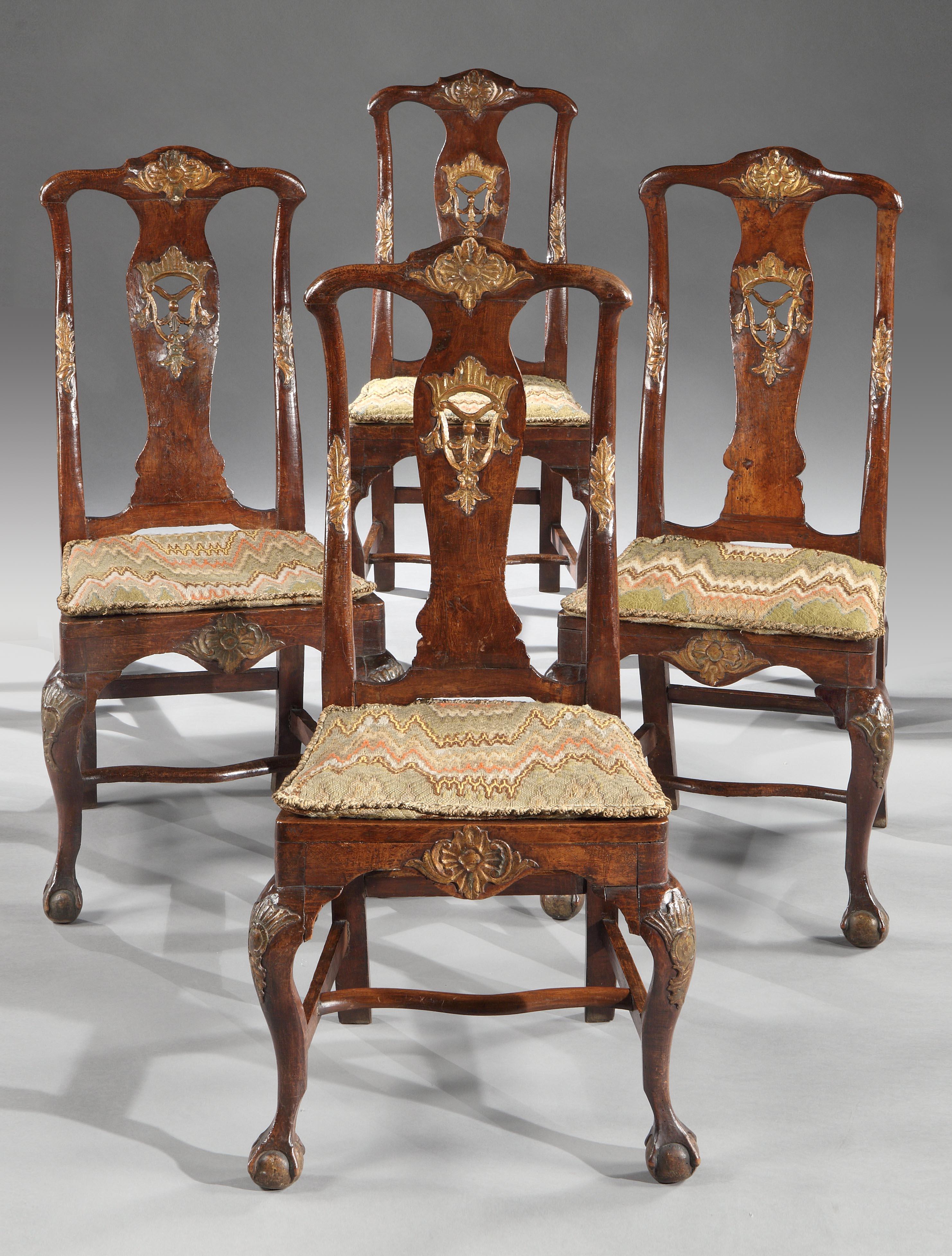 Chairs Set of 4 18th Century, Portuguese, Baroque, Parcel-Gilt, Walnut, Bargello In Good Condition For Sale In BUNGAY, SUFFOLK