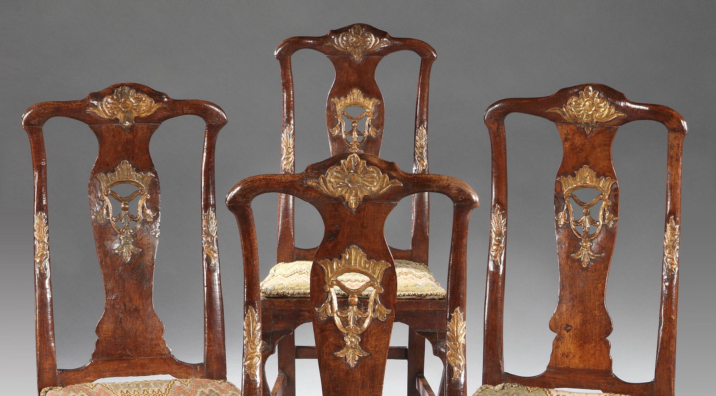 Chairs Set of 4 18th Century, Portuguese, Baroque, Parcel-Gilt, Walnut, Bargello For Sale 4