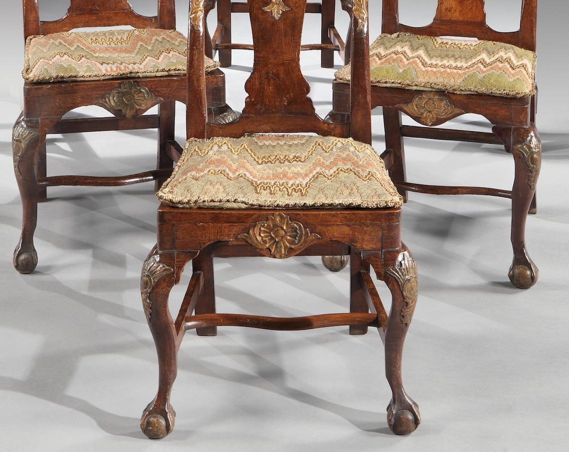 Chairs Set of 4 18th Century, Portuguese, Baroque, Parcel-Gilt, Walnut, Bargello For Sale 5