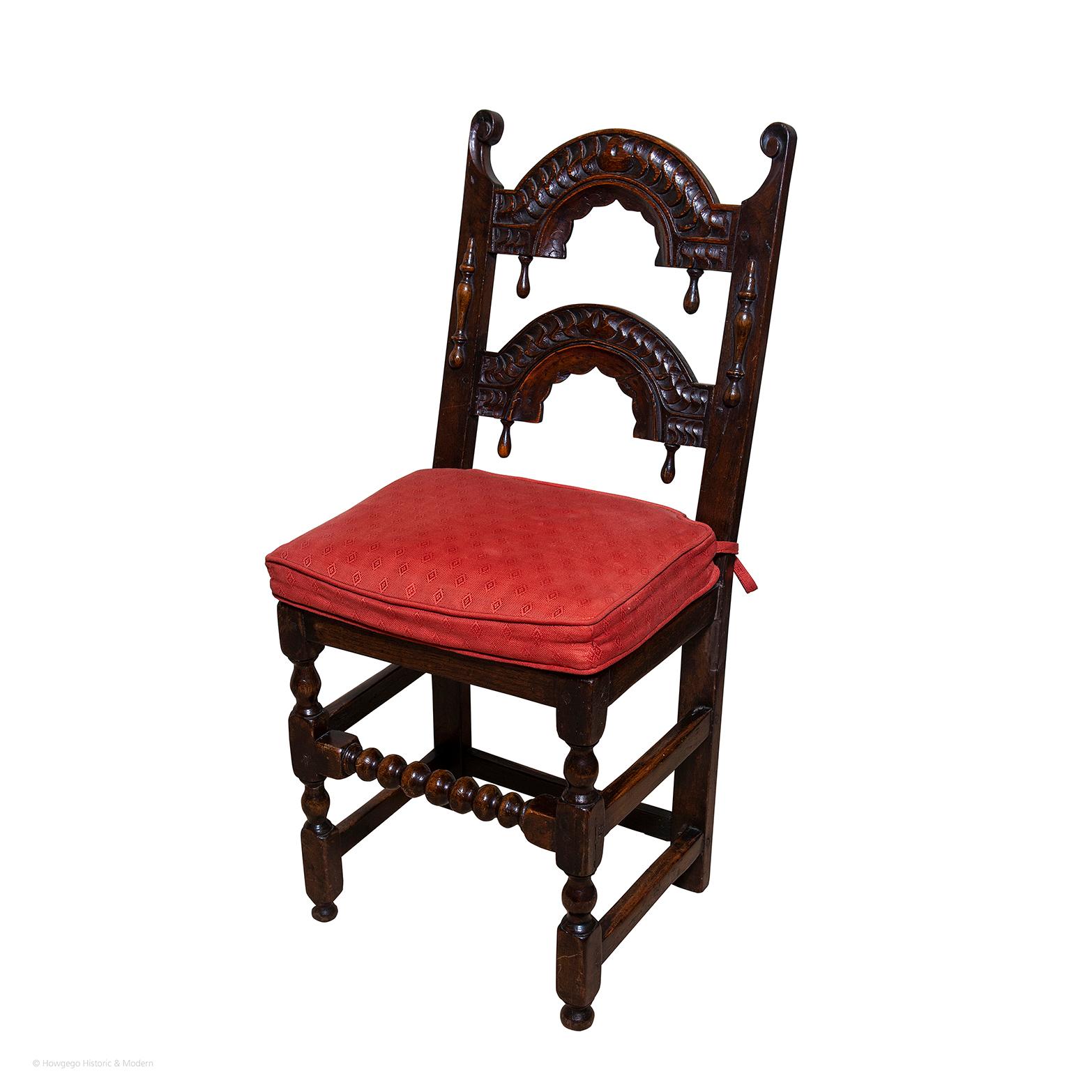 - Striking set of architecturally inspired chairs which are very decorative
- Sturdy and suitable for daily use
- Rich and lustrous patina
- I am open to splitting the set as it is an odd number

A set of 5 antiquarian Jacobean-style oak side