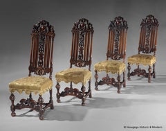 Chairs Set Four 4 Walnut Carved Marot 18 Century Silk Damask Yellow Upholstered