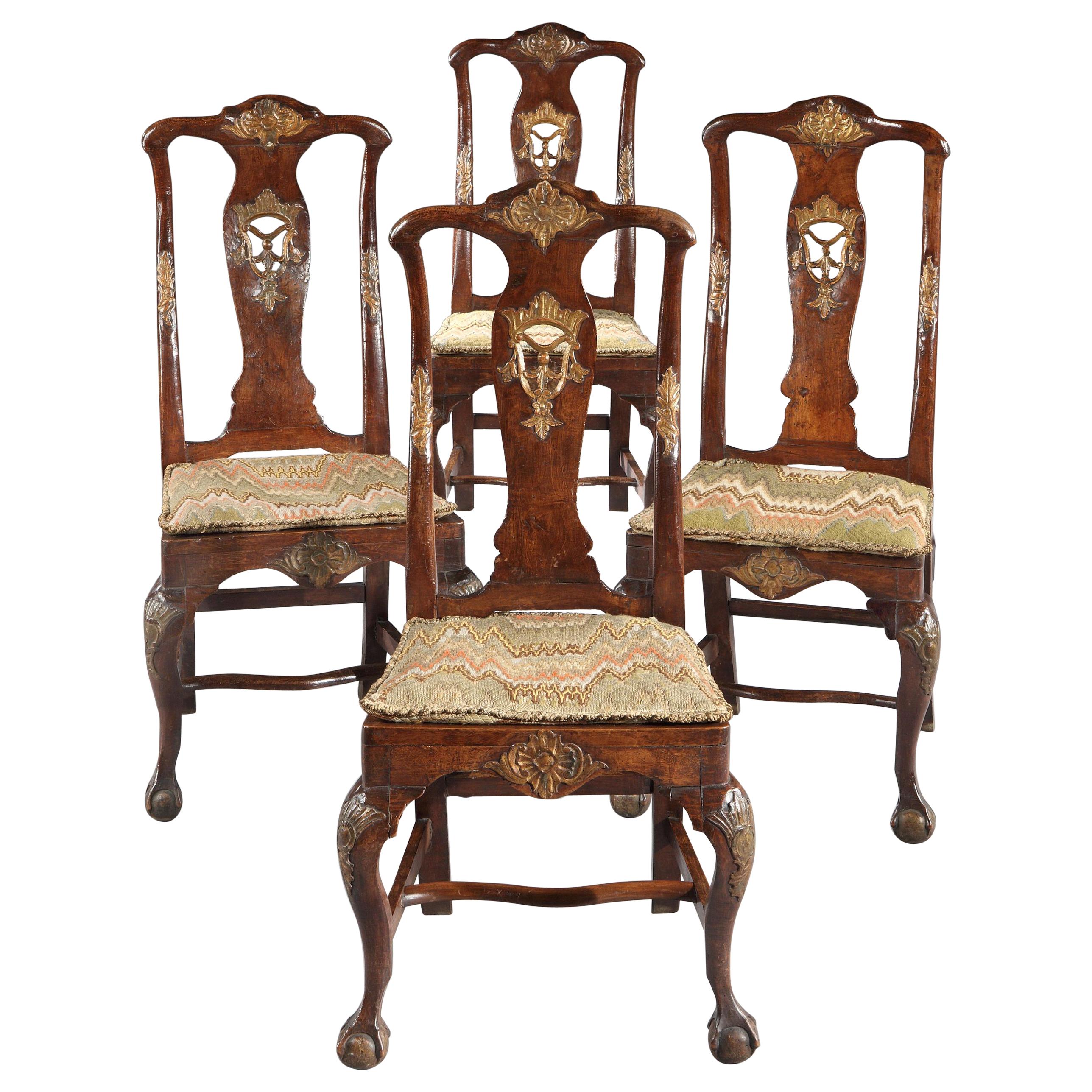 Chairs Set of 4 18th Century, Portuguese, Baroque, Parcel-Gilt, Walnut, Bargello
