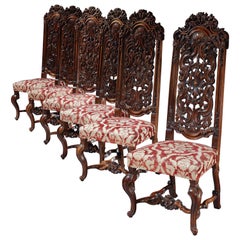 Chairs Set of Six Daniel Marot Walnut Pierced Carving High Backs 51.5"