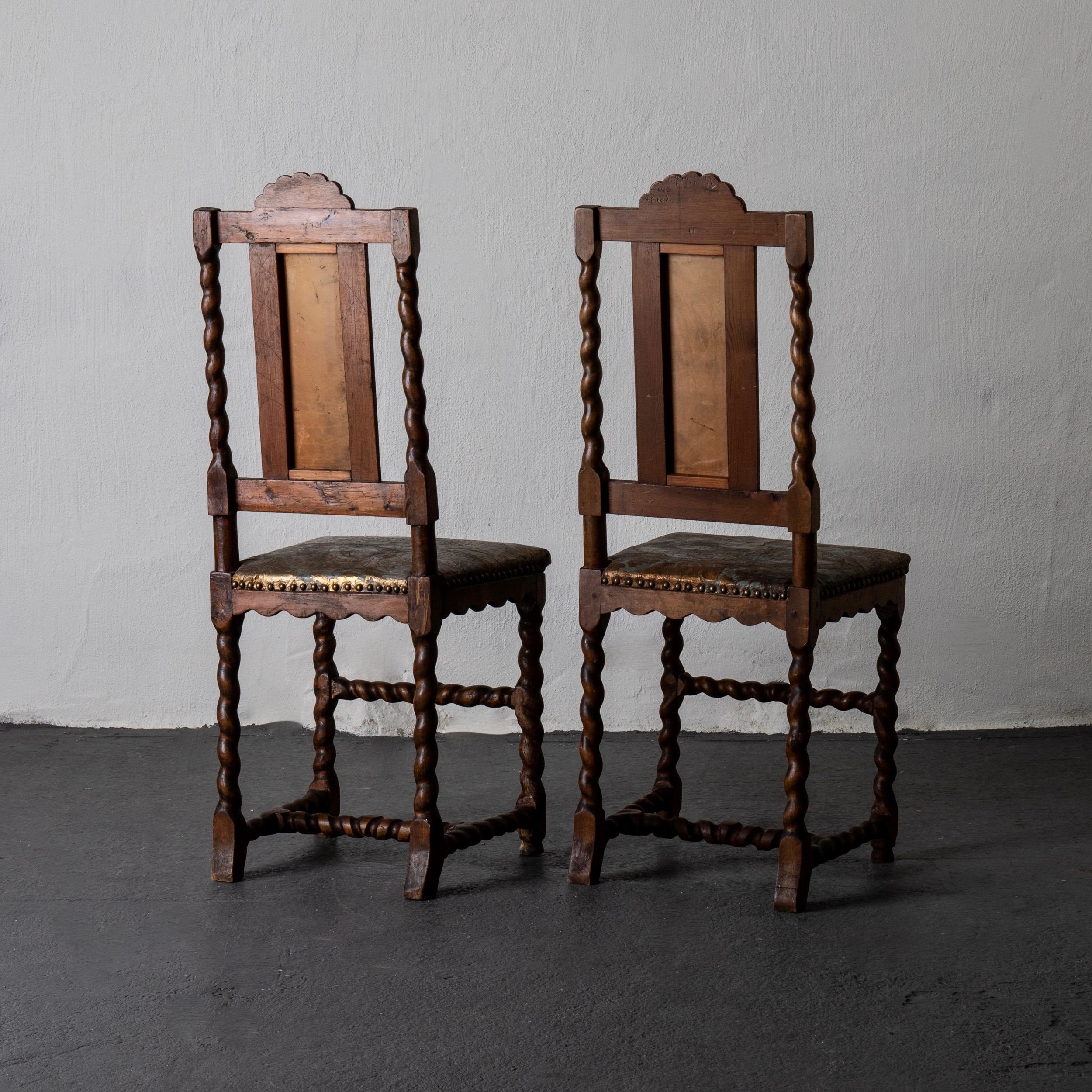 18th Century and Earlier Chairs Swedish Baroque Oak Brown Gilt Leather Light Blue Sweden For Sale