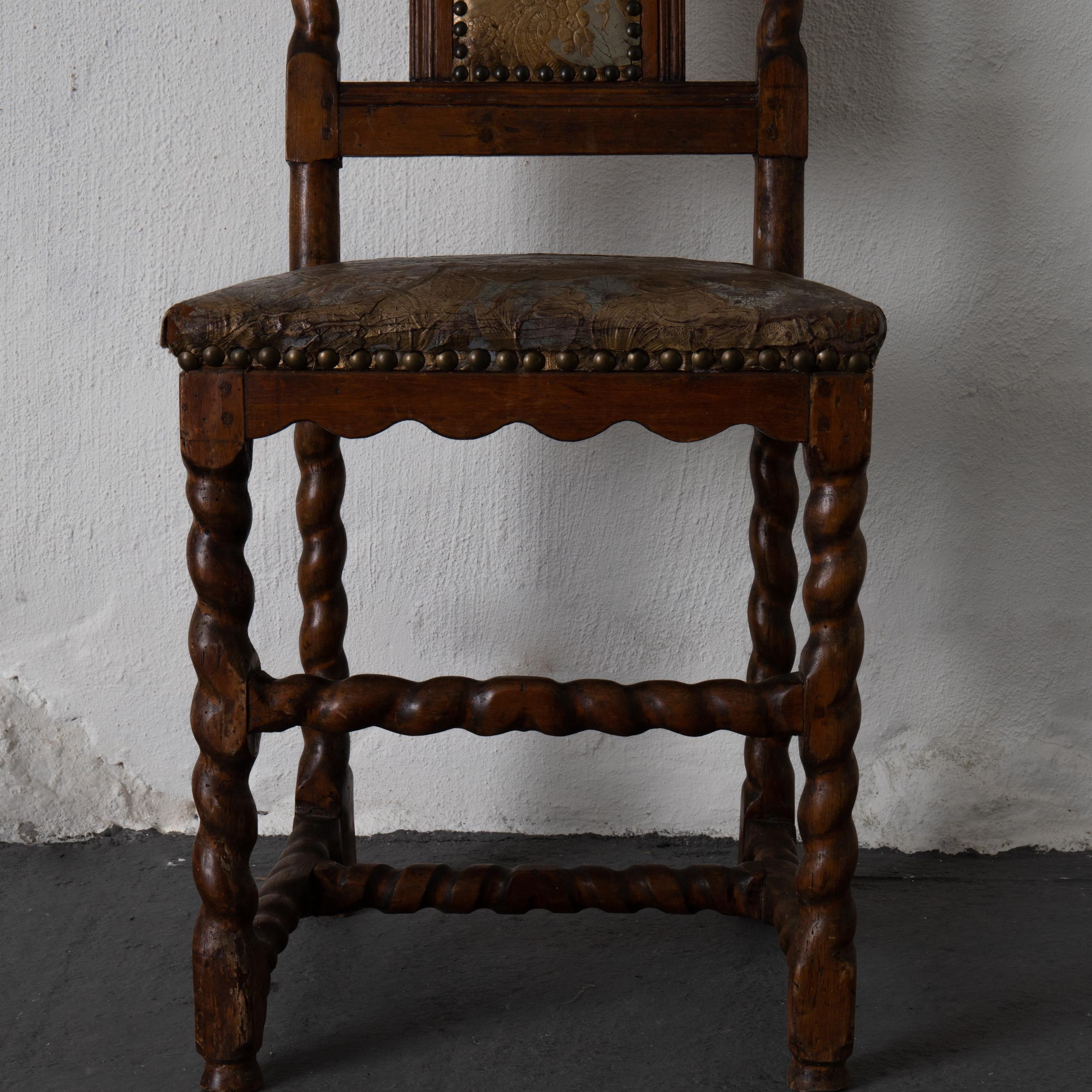 Chairs Swedish Baroque Oak Brown Gilt Leather Light Blue Sweden For Sale 2