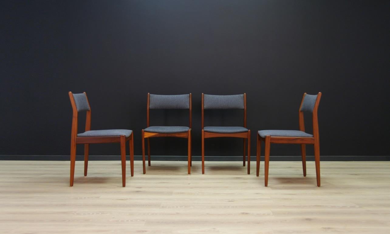Set of four Classic chairs from the 1960s-1970s, Minimalist form, Danish design. Chairs made of teak wood. New upholstery (color - grey). Preserved in good condition (small bruises and scratches on wooden structure) - directly for
