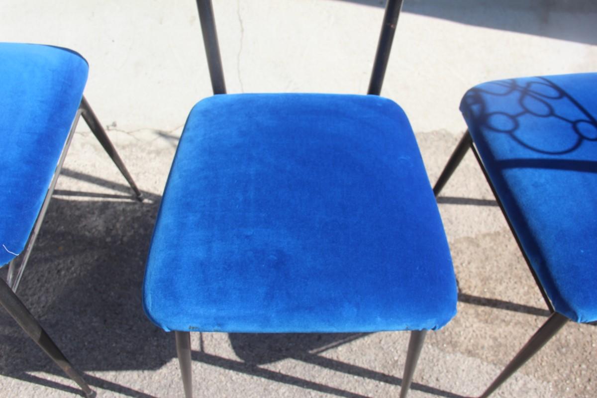 Chairs Velvet Blue Cobalt Black and Gold Brass Design Italian, 1950s Midcentury 3