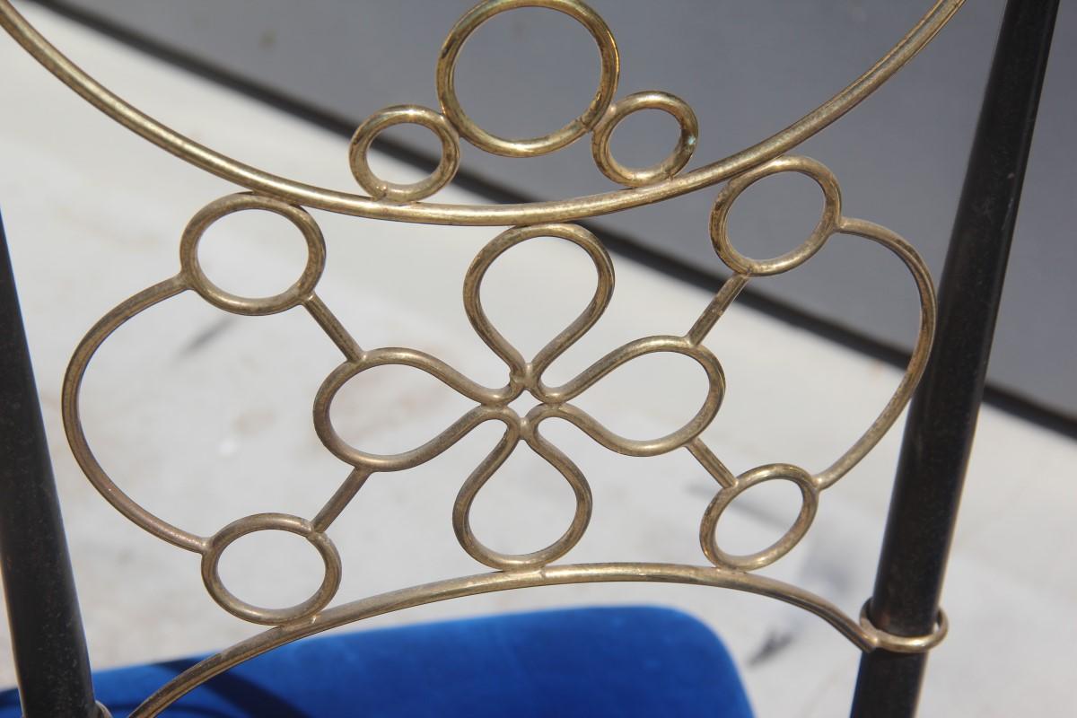 Chairs Velvet Blue Cobalt Black and Gold Brass Design Italian, 1950s Midcentury 4