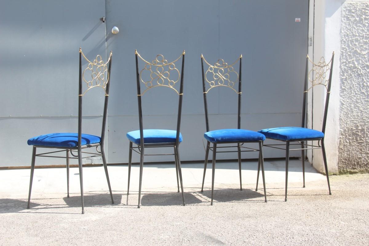 Chairs Velvet Blue Cobalt Black and Gold Brass Design Italian, 1950s Midcentury 1