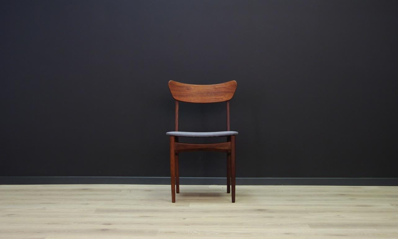Set of four original chairs from the 1960s-1970s, a beautiful minimalist form - Scandinavian design. Chairs covered with new upholstery (gray color). The construction is made of teak wood. Preserved in good condition - directly for