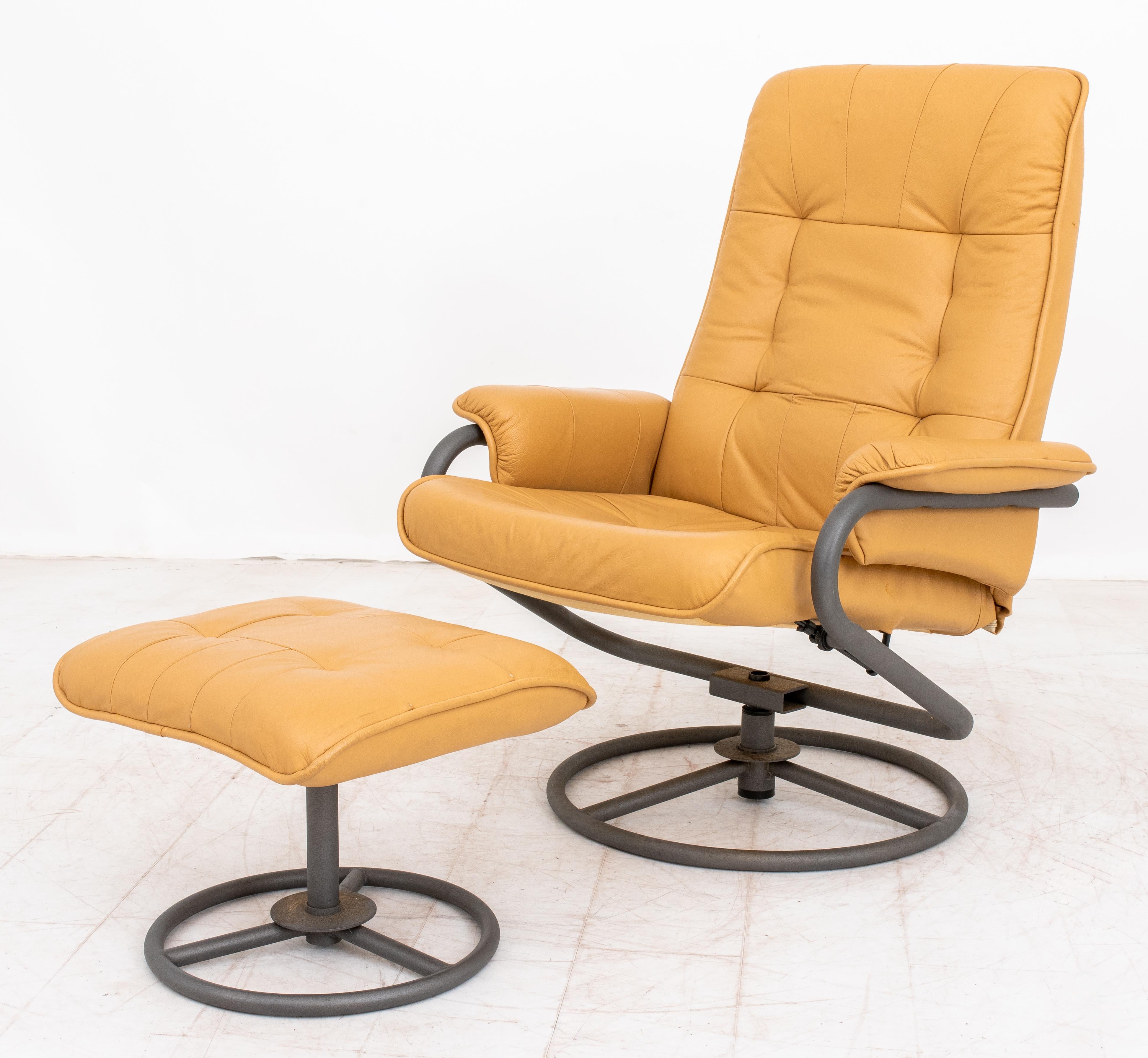 ChairWorks Camel-Tone Upholstered Reclining Swivel Armchair and Ottoman, circular tripod bases, each labeled 