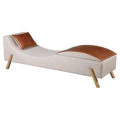 "Flag" Chaise Long in Upholstered in Linen Fabric and Natural Leather Details
