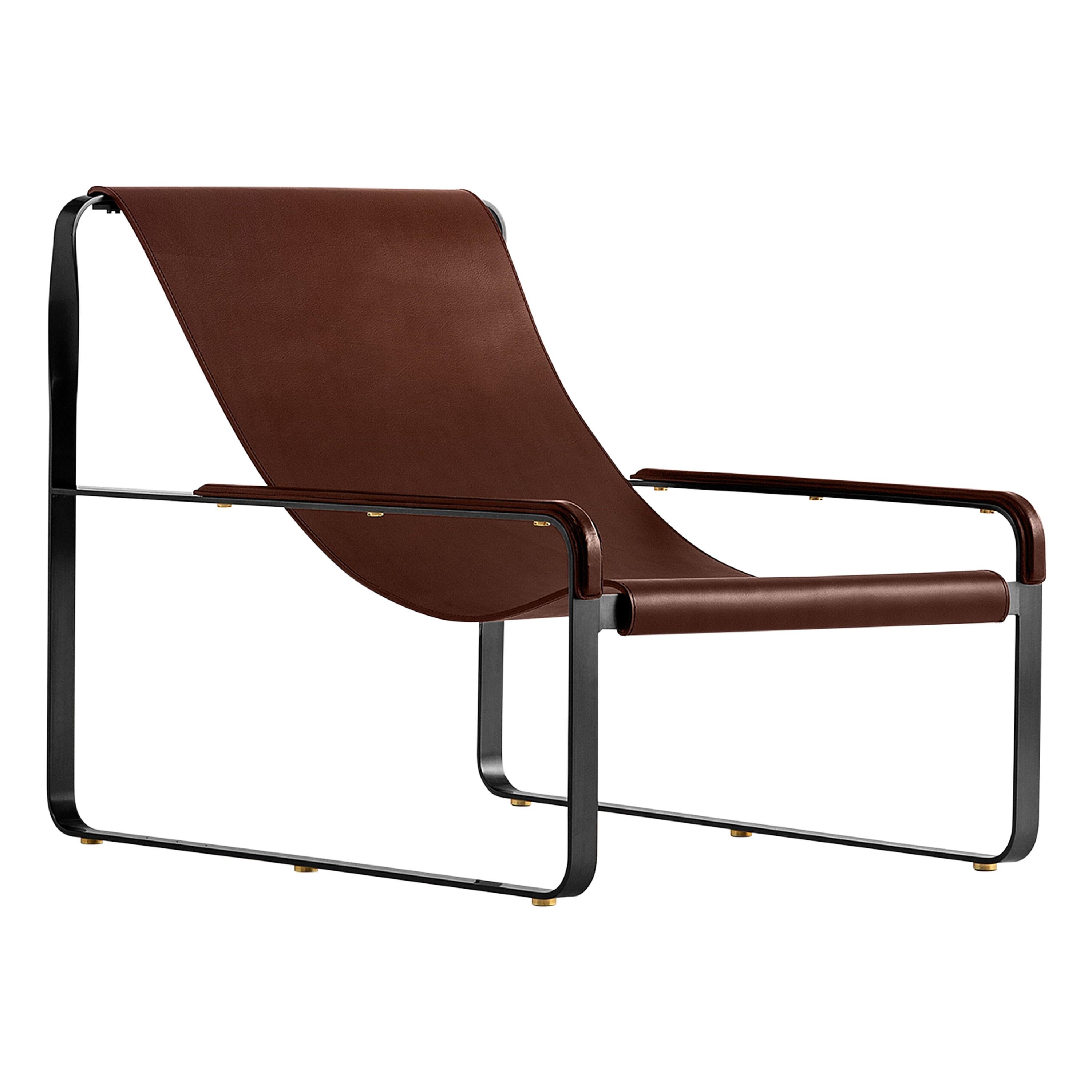 Classic Contemporary Chaise Lounge Black Smoke Metal & Dark Brown Leather For Sale