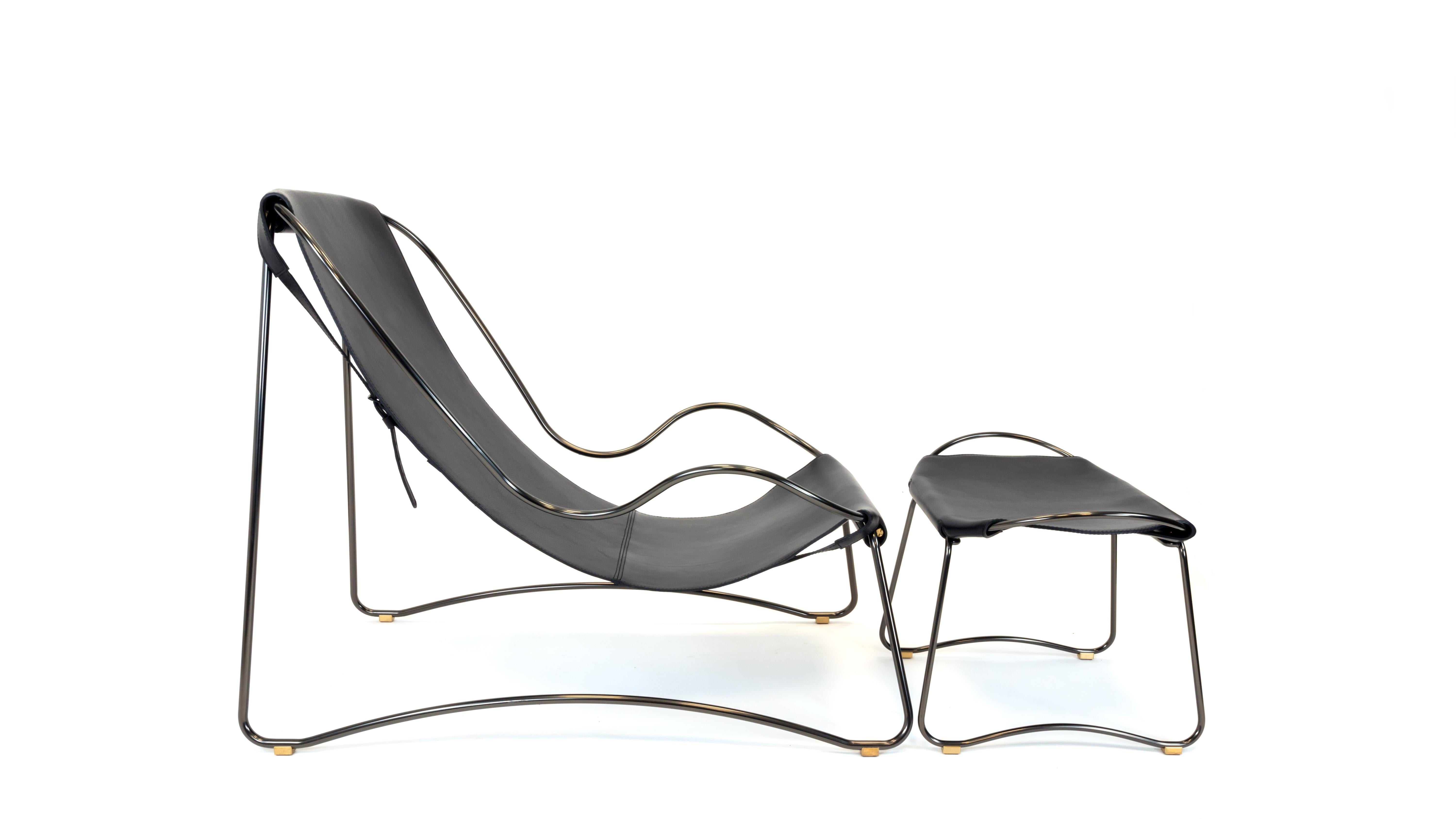 Artisan Sculptural Contemporary Chaise Lounge Aged Brass Metal & Black Leather For Sale 14
