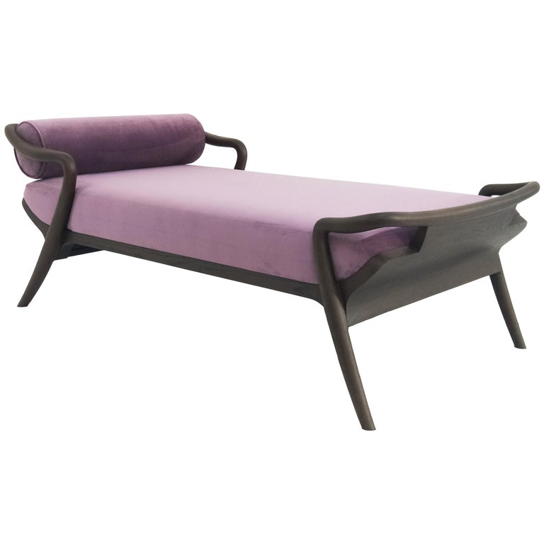 Chaise Longue Day Bed Bench Mid Century Rhythm André Fu Oak Plum Upholstered New For Sale