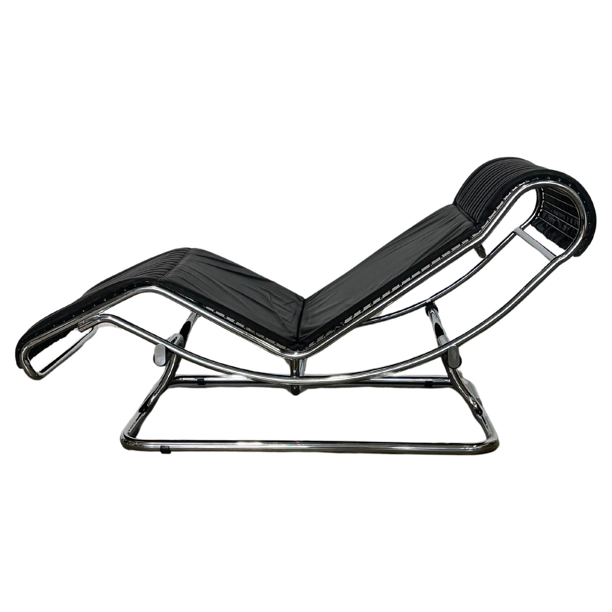 Chaise Longue di Guido Faleschini per Mariani anni 70 un pelle nera e acciaio