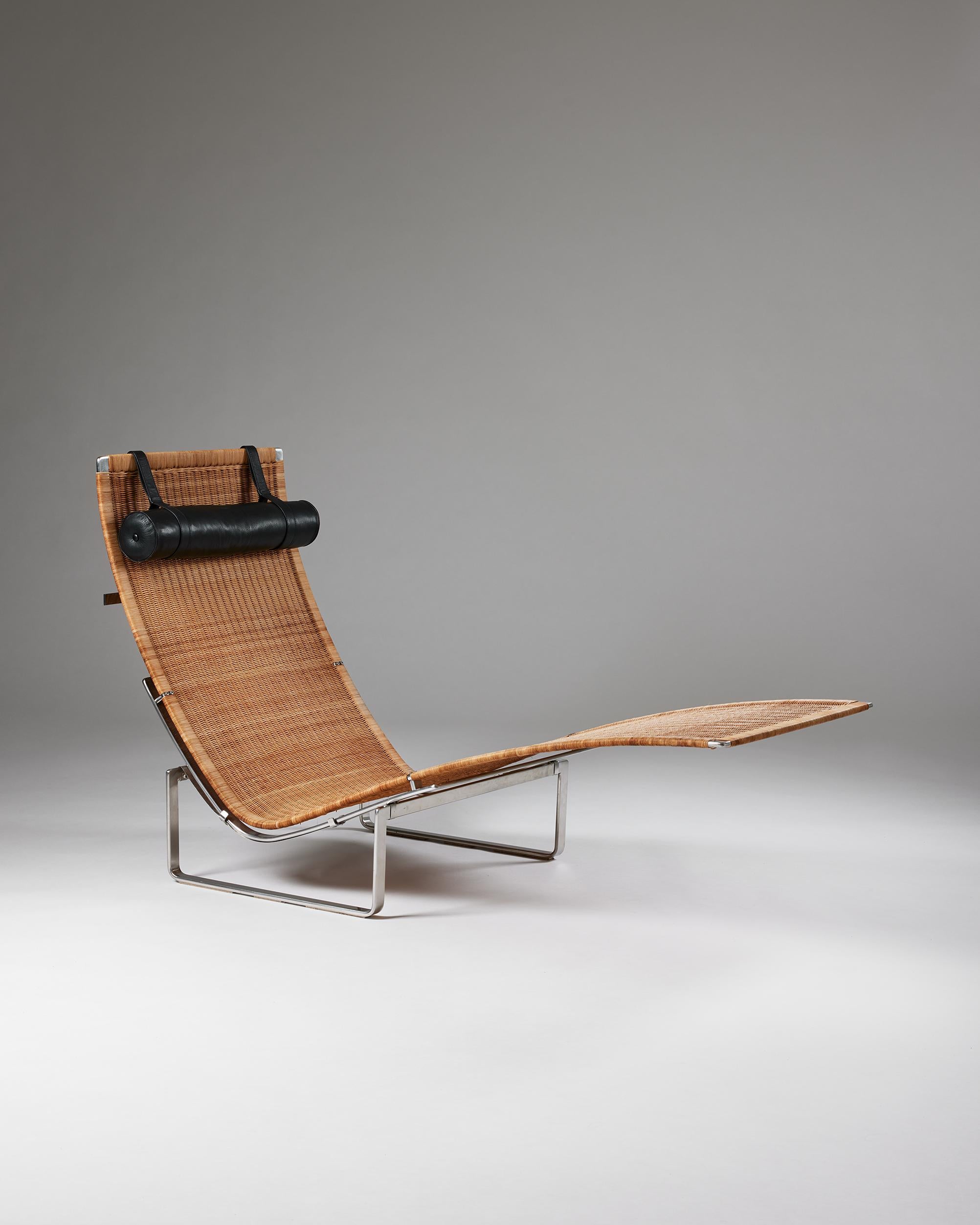 Chaise longue model PK24 designed by Poul Kjaerholm for E. Kold Christensen,
Denmark, 1965

Stainless steel, cane and leather.

Provenance:
20th Century Marks, Westerham
Acquired from the above by the present owner, 2002

L: 145 cm 
W: 60 cm 
H: 88
