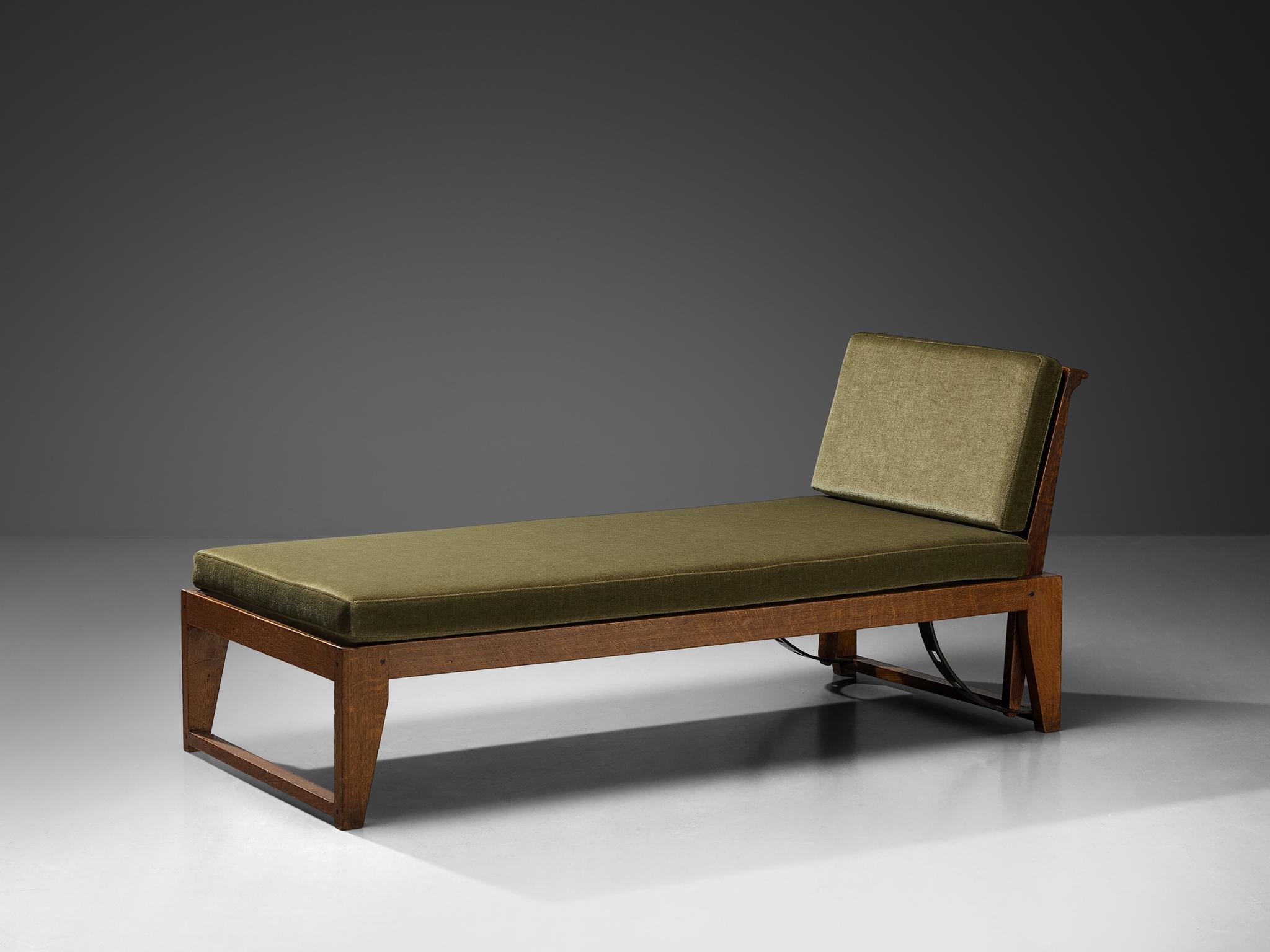 Mid-Century Modern Chaise Longue or Daybed in Oak with Green Cushions