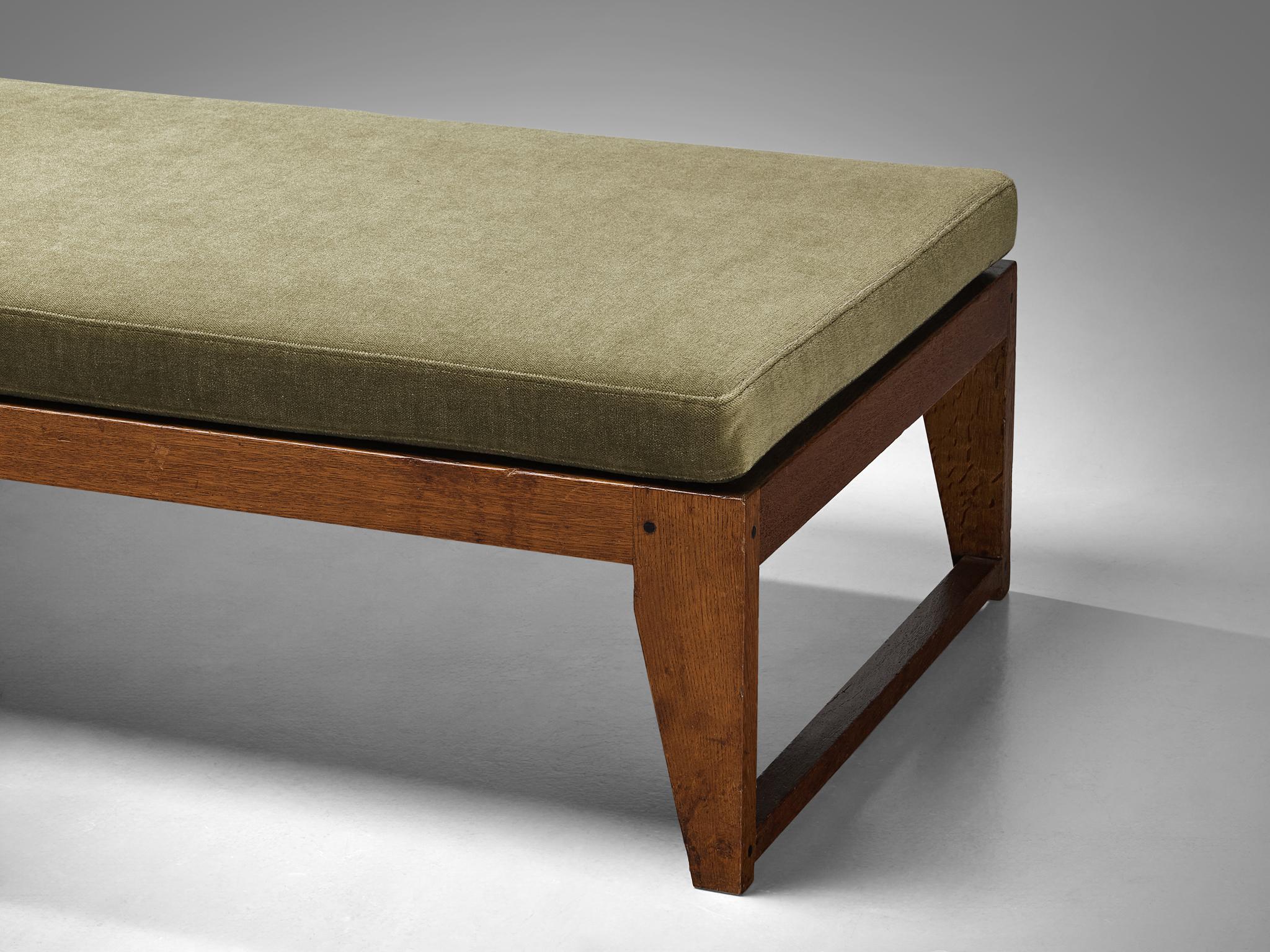 Mid-20th Century Chaise Longue or Daybed in Oak with Green Cushions