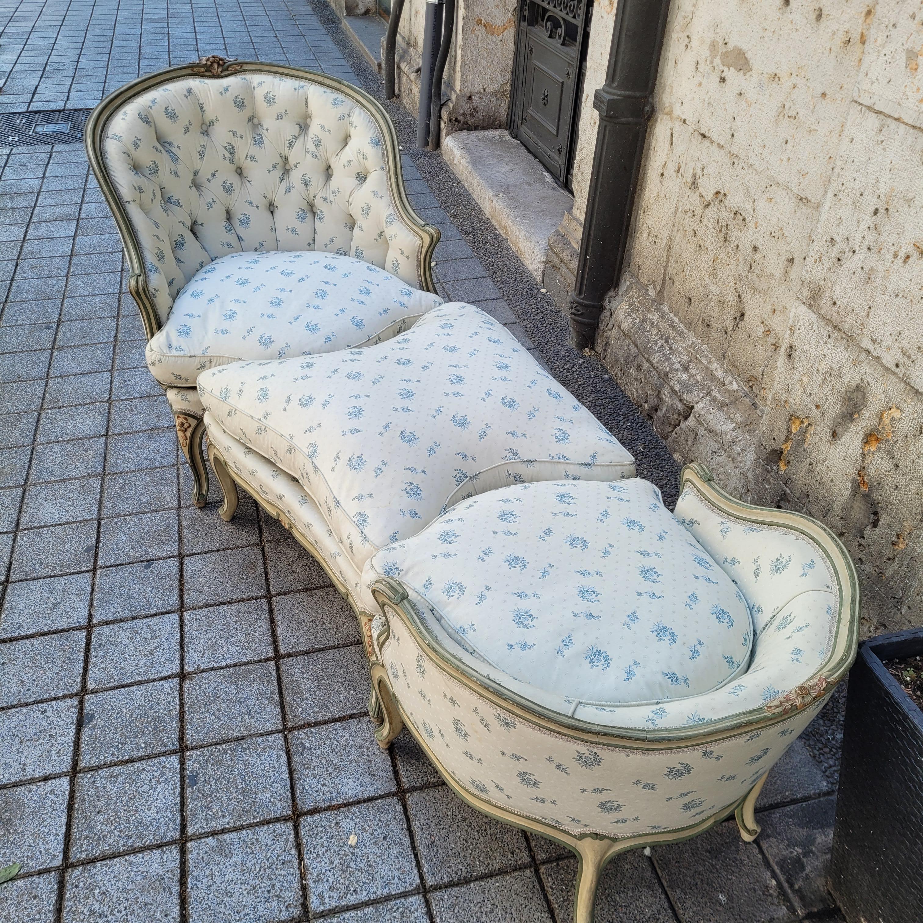 Fabric Chaise Longue or Duchesse Napoleon III, France polychrome wood For Sale
