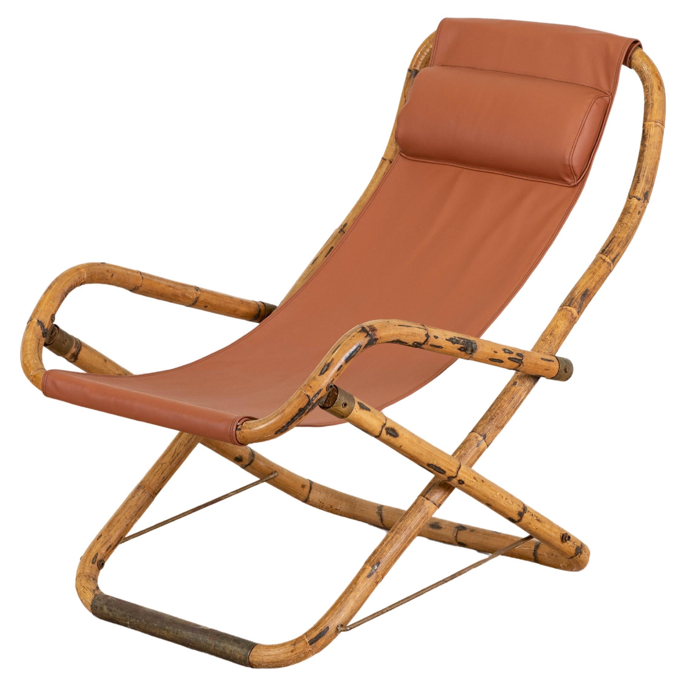 chaise longue pliante en bambou rotin, laiton et cuir, Italie 1960 