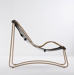 Artisan Sculptural Contemporary Chaise Lounge Aged Brass Metal & Black Leather