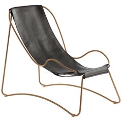 Artisan Sculptural Contemporary Chaise Lounge Aged Brass Metal & Black Leather