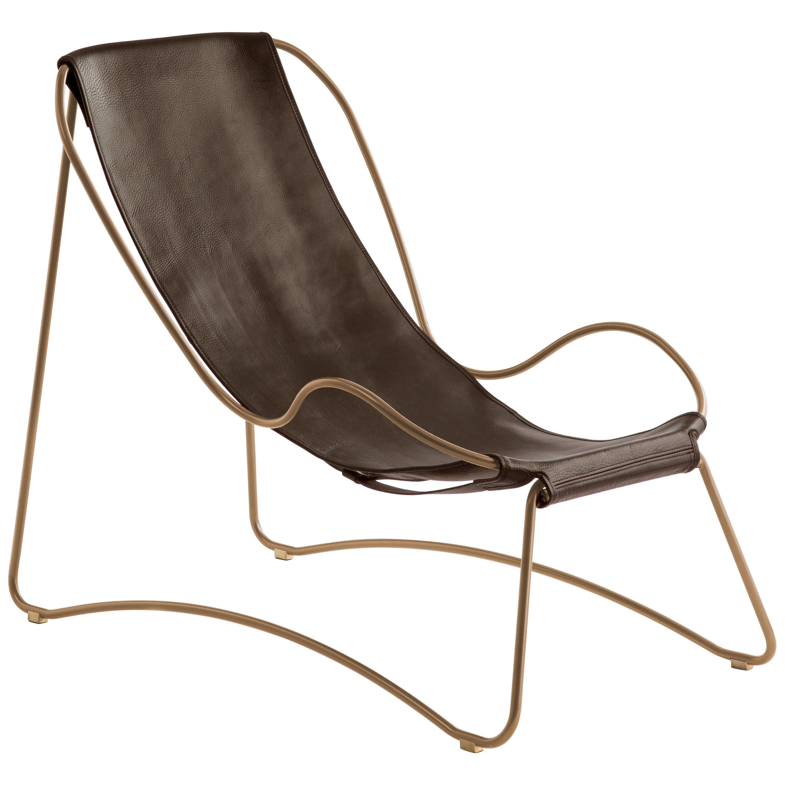 Sculptural Contemporary Chaise Lounge Aged Brass Steel & Dark Brown Leather