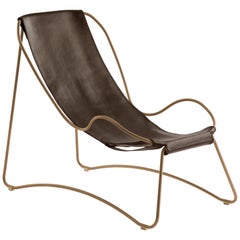 Sculptural Contemporary Chaise Lounge Aged Brass Steel & Dark Brown Leather