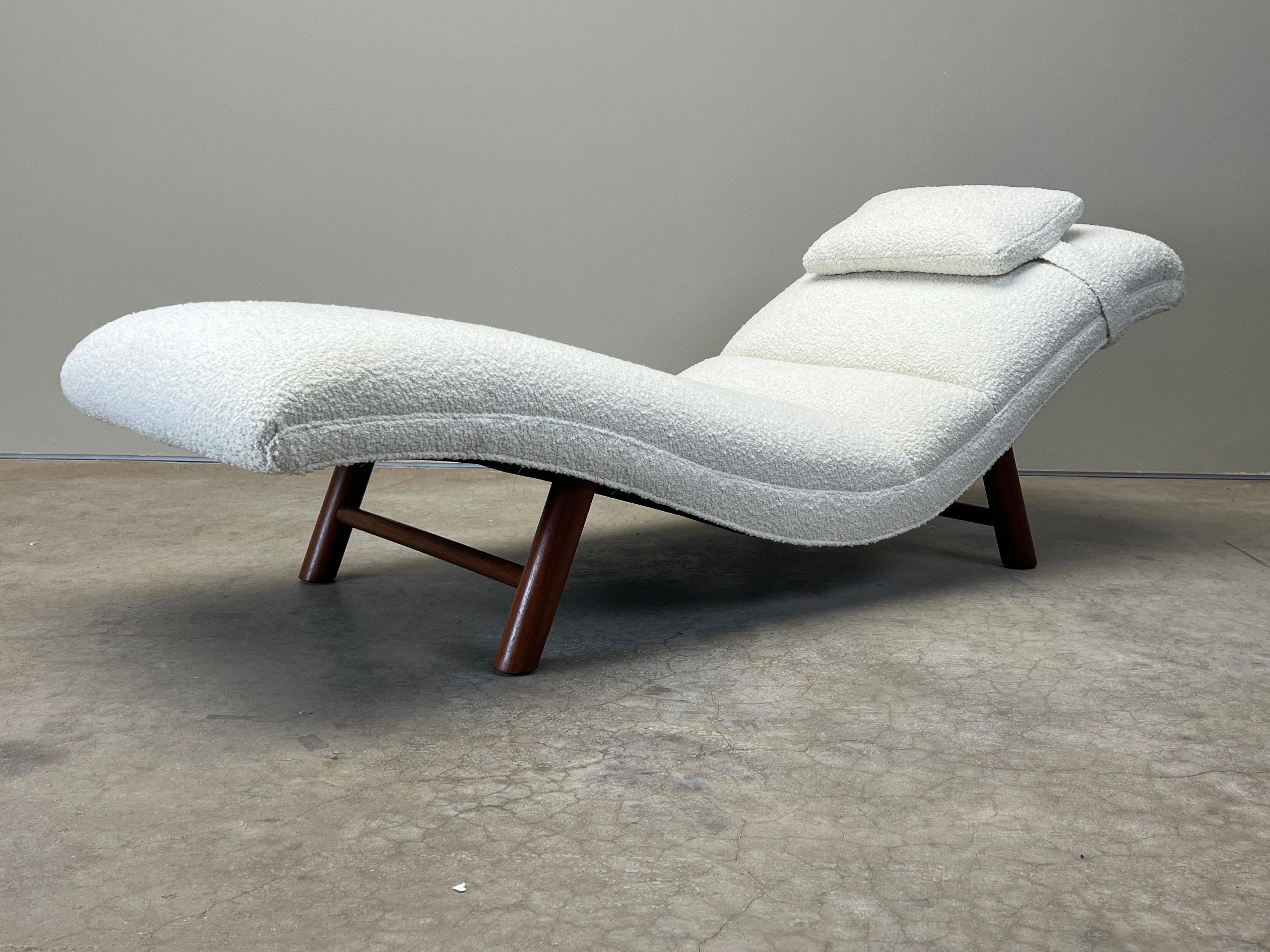 A beautifully designed and restored chaise lounge with mahogany legs. Although not documented this chaise has the characteristics and build quality of a design by Edward Wormley for Dunbar. 