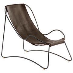 Sculptural Contemporary Chaise Lounge Black Smoke Metal & Dark Brown Leather