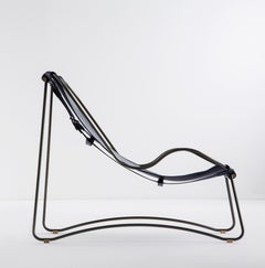 Sculptural Contemporary Chaise Lounge Black Smoke Metal & Navy Blue Leather