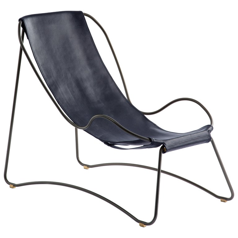 Sculptural Modern Chaise Longue, Black Smoke Steel and Navy Blue Saddle