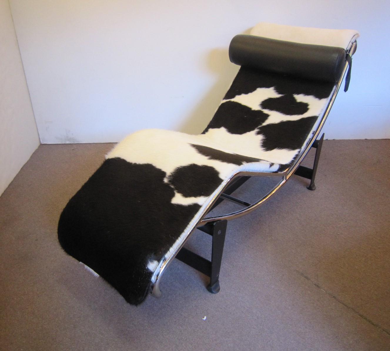 Chaise Lounge Chair Black & White Cowhide with Black Leather Pillow Le Corbusier 6