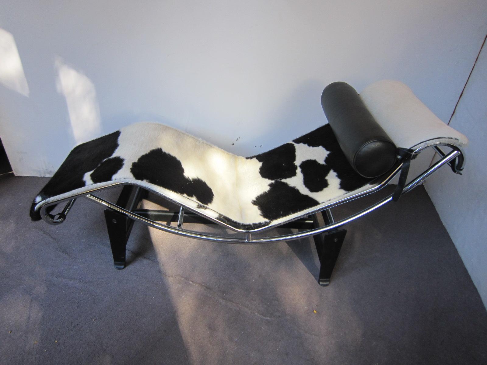 Chaise Lounge Chair Black & White Cowhide with Black Leather Pillow Le Corbusier 2