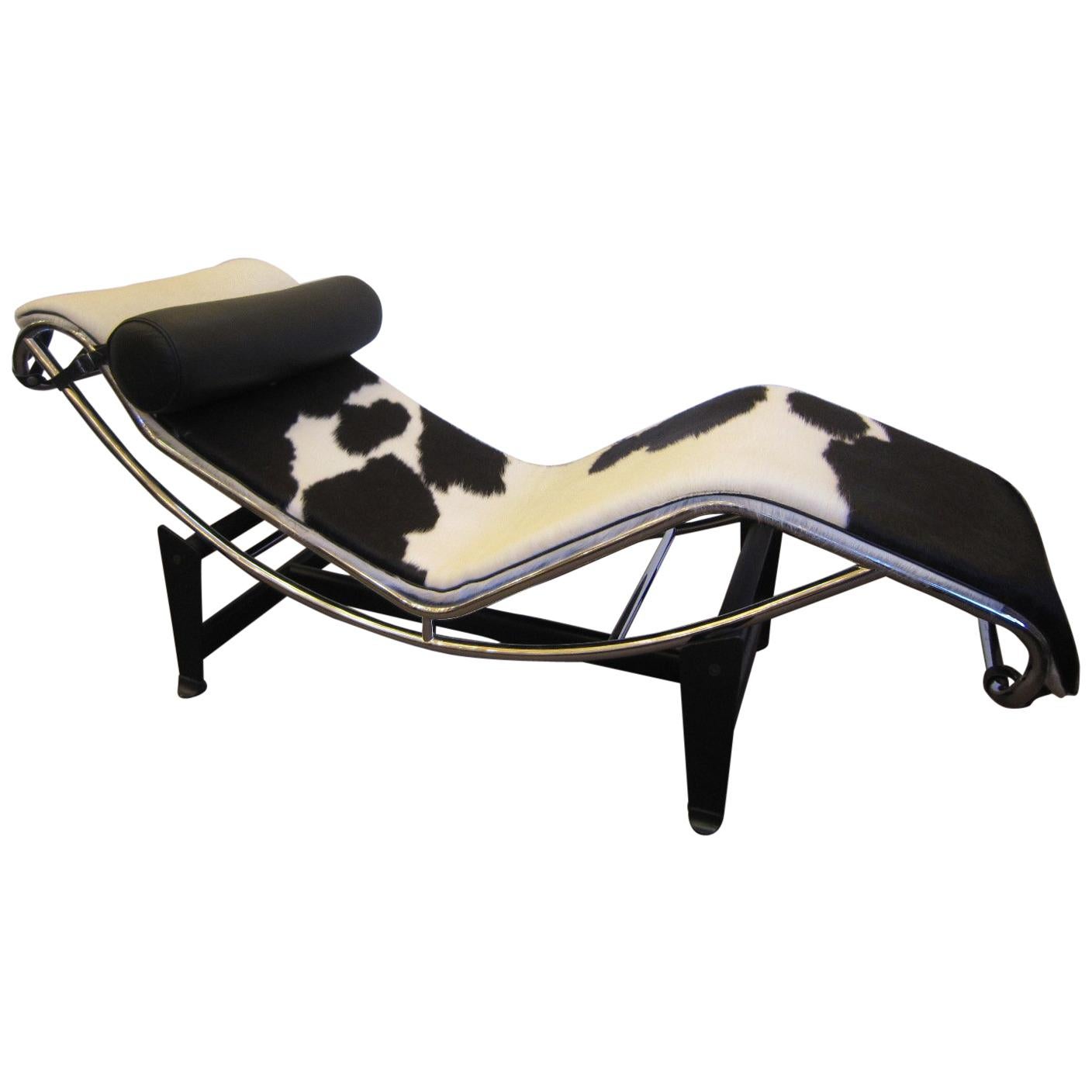 Chaise Lounge Chair Black & White Cowhide with Black Leather Pillow Le Corbusier