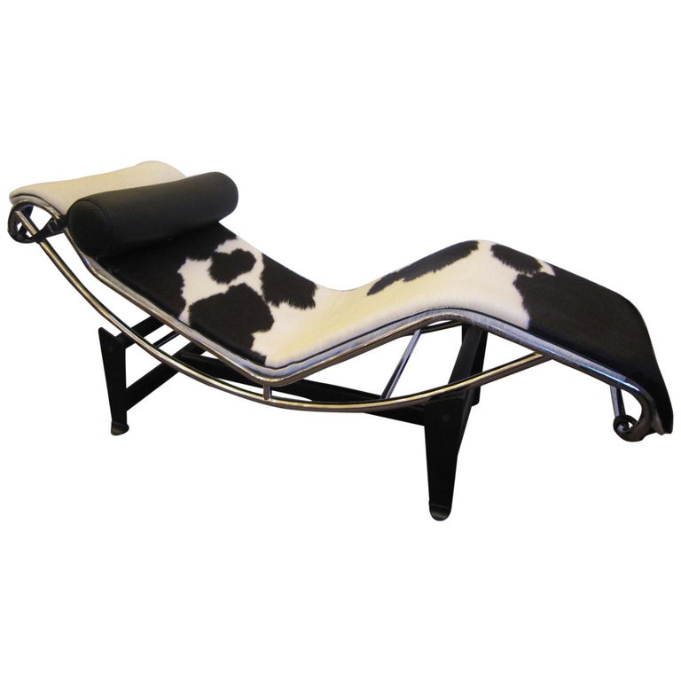 Chaise Lounge Chair Black and White Cowhide with Black Leather Pillow